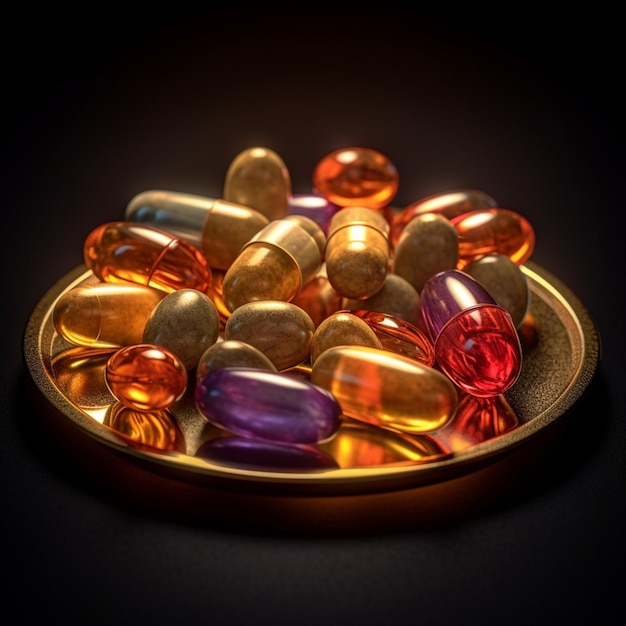 A plate of colorful pills is on a dark background.