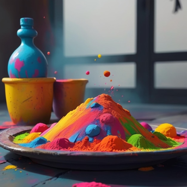 Photo a plate of colorful powder next to a vase with a blue bottle on it