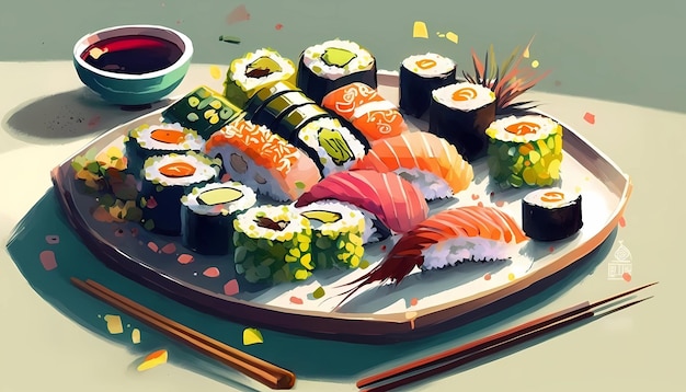 A plate of colorful sushi rolls with wasabi and ginger digital art illustration
