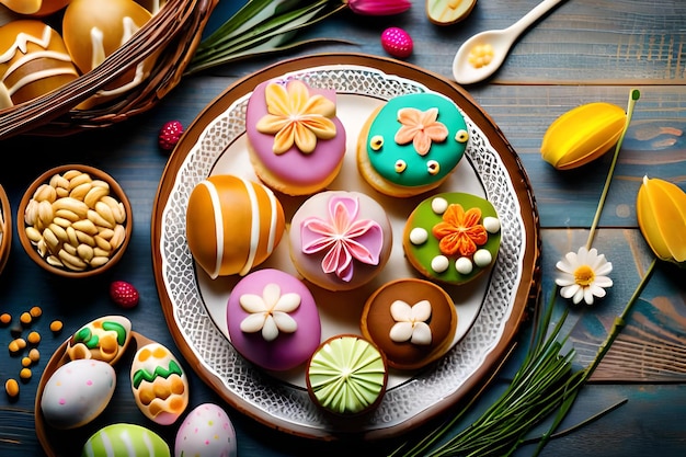 a plate of colorful sweets with flowers on the top.