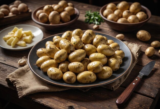 A plate containing raw potatoes placed on a wooden table ready for preparation