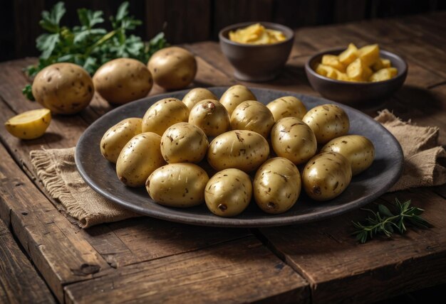 A plate containing raw potatoes placed on a wooden table ready for preparation