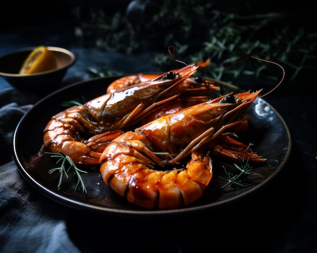 A plate of cooked prawns with lemons on the side