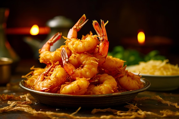 Plate of cooked shrimp on table with candle in the background Generative AI