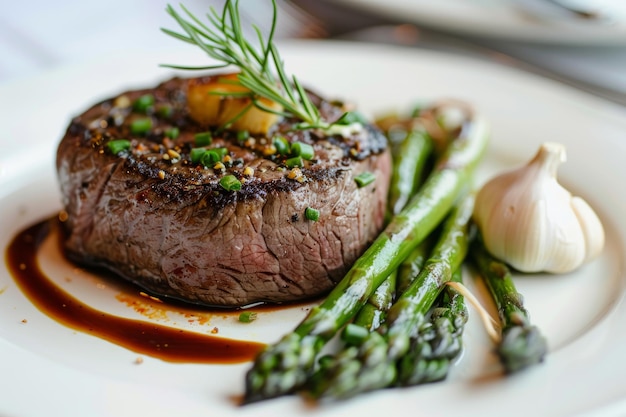 Plate of cooked steak with asparagus and garlic Generative AI