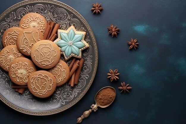 a plate of cookies and cinnamon sticks on a table