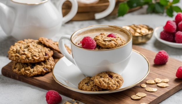 A plate of cookies and a cup of coffee with raspberries
