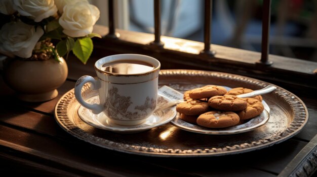 A plate of cookies and a cup of coffee