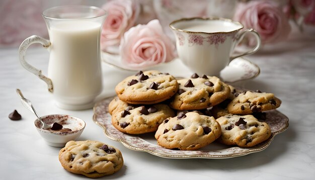 Photo a plate of cookies a cup of milk and a cup of milk