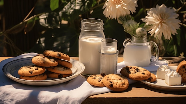 A plate of cookies milk and chocolates on a table Generated AI