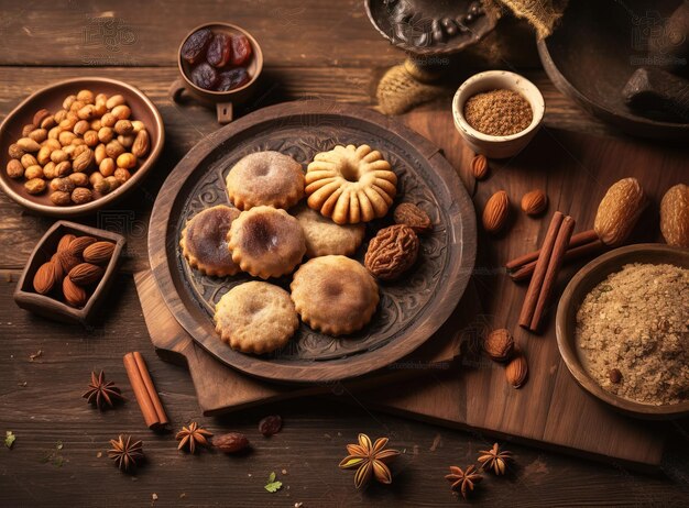 A plate of cookies and other food on a table