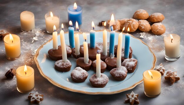 a plate of cookies with blue candles and a blue candle on it