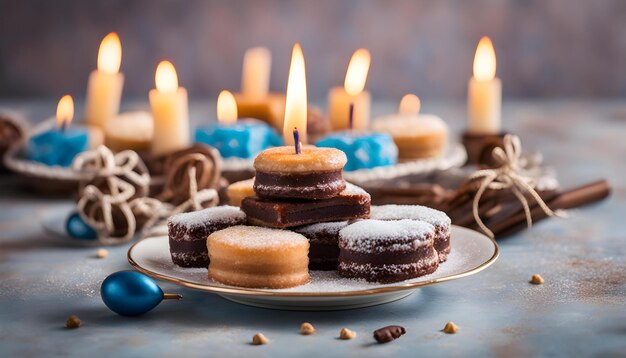 a plate of cookies with a candle in the middle of it