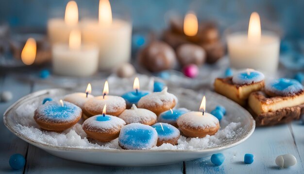 Photo a plate of cookies with candles and a plate of cookies with candles lit up