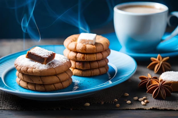 a plate of cookies with a cup of coffee and a pine cone on the table.