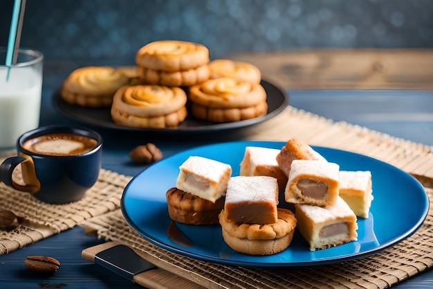 a plate of cookies with a cup of coffee on the table.