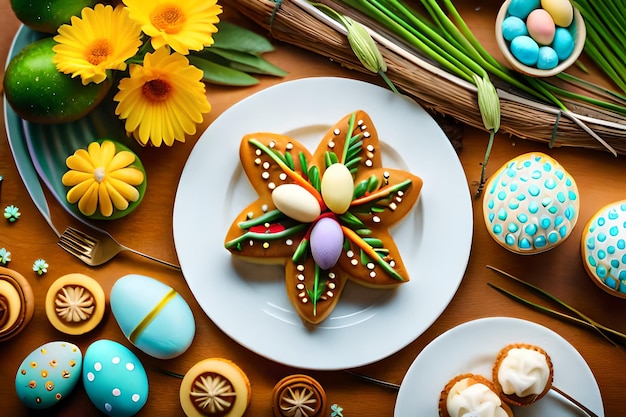 A plate of cookies with flowers and a flower on the top