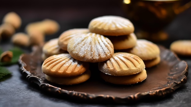 A plate of cookies with a gold plate of cookies on it