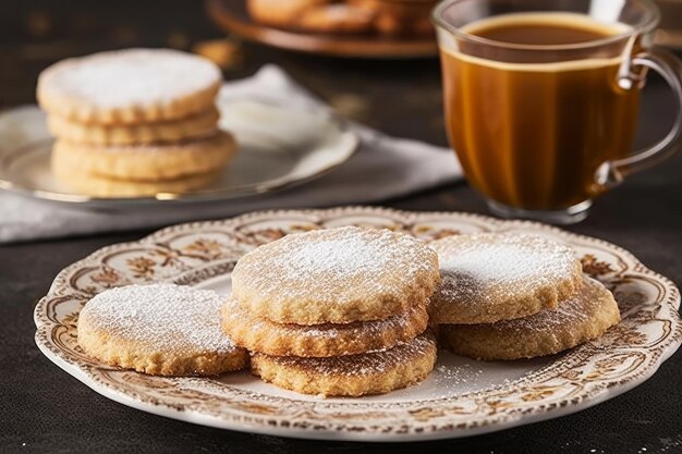 A plate of cookies with powdered sugar on it and a cup of coffee in the background.