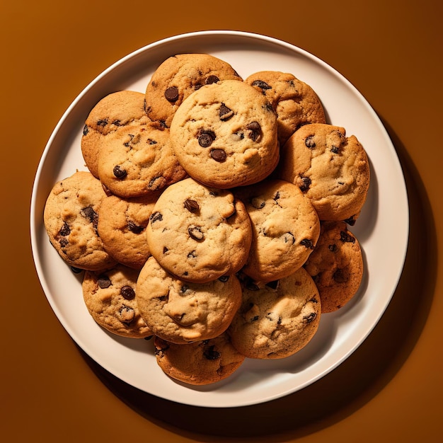 A plate of cookies with raisins on it in the style of aerial view