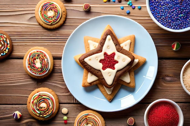 A plate of cookies with a star shaped star on top