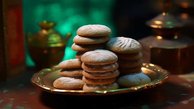 A plate of cookies with a teapot in the background