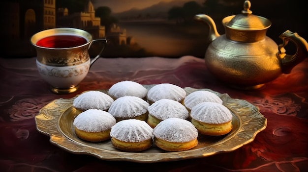 A plate of cookies with a teapot on the table