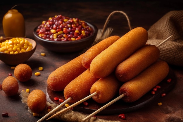 A plate of corn dogs with corn on the cob