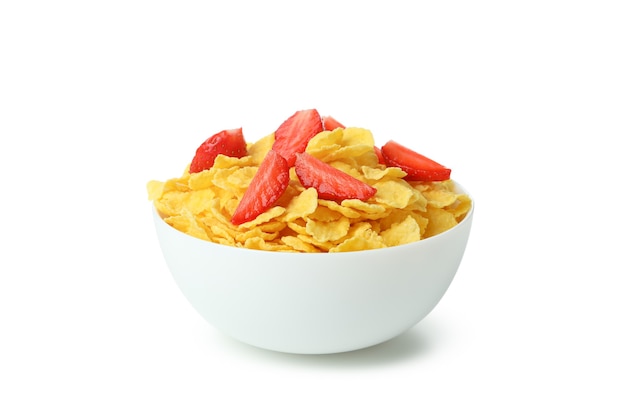 Plate of corn flakes and strawberry isolated on white background