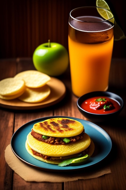 A plate of cornbread pancakes with a glass of tomato juice.