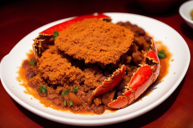 A plate of crab and bean chili with a crab on top.