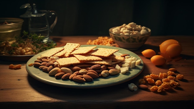 Photo a plate of crackers and crackers are on a table with a glass of water