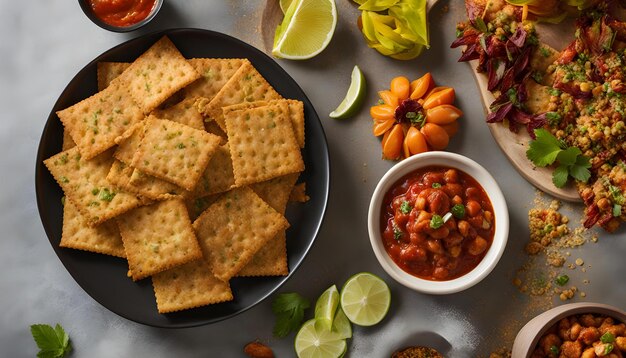 a plate of crackers crackers and a bowl of salsa