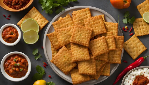 a plate of crackers and a lemon on a table with a lemon wedge on it