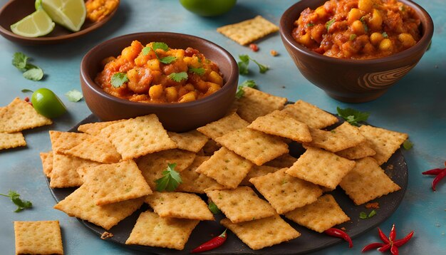 a plate of crackers with beans and beans and dip