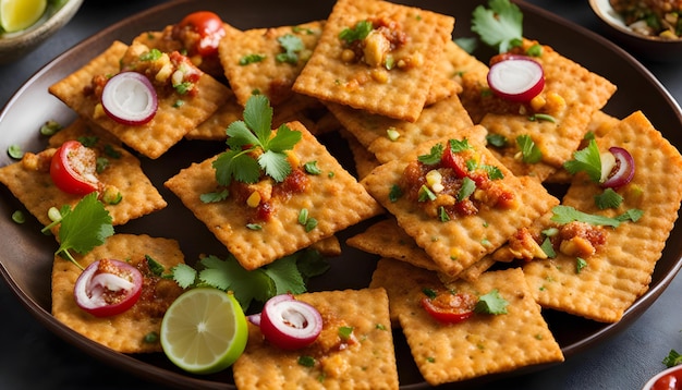 Photo a plate of crackers with a variety of vegetables and a bowl of crackers