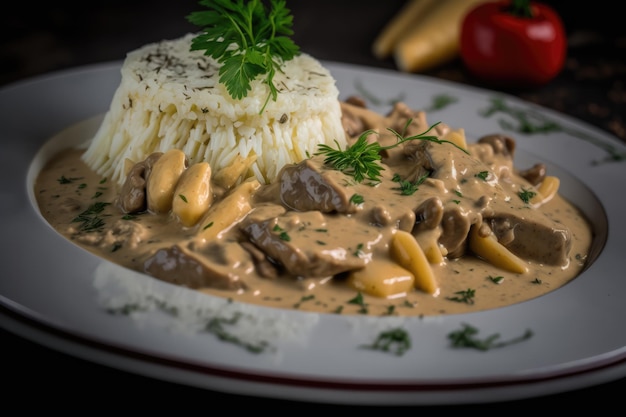 A plate of Creamy Stroganoff served over Pasta with Thinly Shredded Beef and a Sour Cream Mushroom Sauce