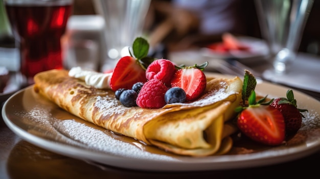 a plate of crepes with berries and powdered sugar