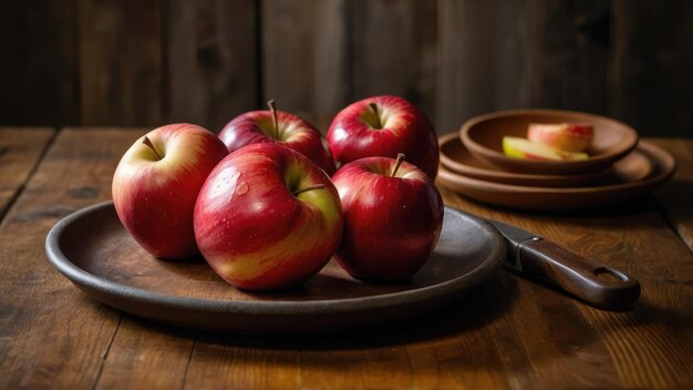 A plate of crisp red apples on a rustic wooden table in a cozy kitchen