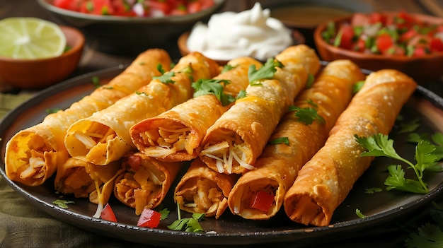 A plate of crispy chicken taquitos with a side of sour cream and salsa