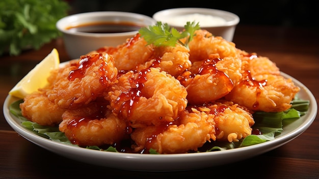 A plate of crispy coconut shrimp with a sweet chili sauce