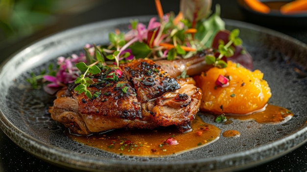 A plate of crispy duck confit with a side of orange sauce