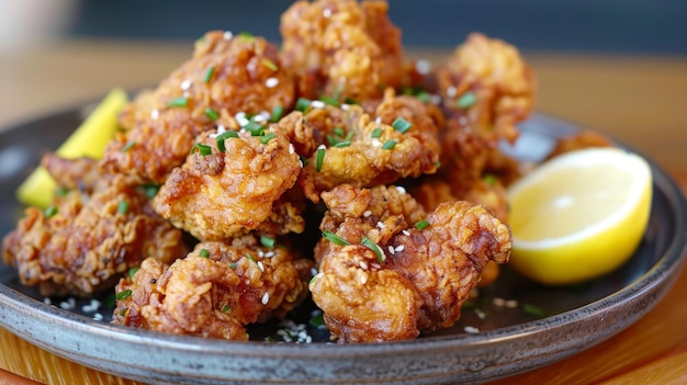 Foto un piatto di karaage croccante e saporito di pollo fritto in stile giapponese marinato in salsa di soia, zenzero e aglio servito con una striscia di limone