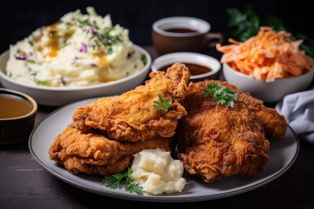 Plate of crispy fried chicken with homemade coleslaw and mashed potatoes created with generative ai