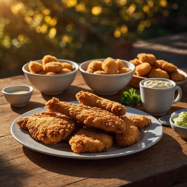 Photo a plate of crispy golden chicken strips and tender chicken nuggets