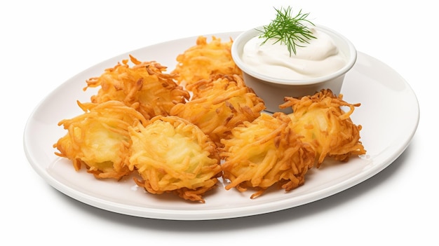 Photo plate of crispy potato latkes served with applesauce and sour cream