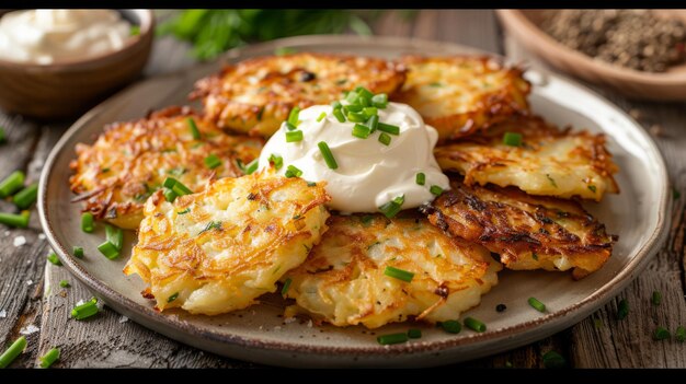 A plate of crispy potato latkes with sour cream and chives