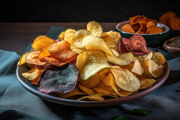 Тарелка хрустящих и соленых картофельных чипсов с разнообразными вкусами