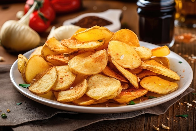 Plate of crispy salty potatoes chips with spicy seasoning