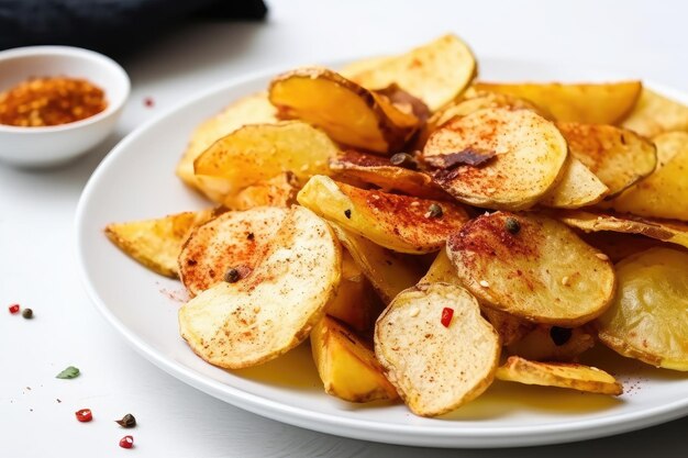 Plate of crispy salty potatoes chips with spicy seasoning